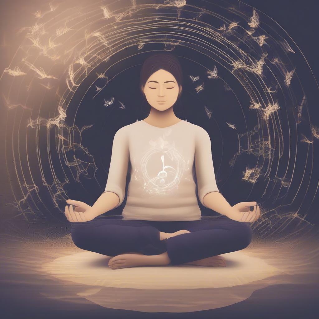 Cân bằng nội tâm: Hình ảnh một người đang ngồi thiền trong một không gian yên tĩnh, xung quanh là những nốt nhạc nhẹ nhàng, tạo cảm giác thư thái và bình yên.