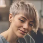 A woman smiling while getting a short haircut in a dream, signifying a fresh start and positive changes.