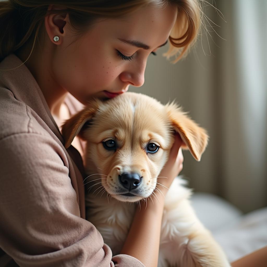 Người phụ nữ vuốt ve chó con