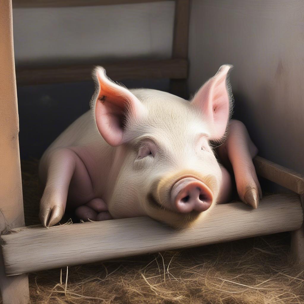 Chú heo nằm cuộn tròn ngủ say trong chuồng, thể hiện sự thoải mái và an toàn.