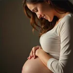 A pregnant woman happily holding her belly, smiling radiantly, bathed in warm, soft light, symbolizing the joy and anticipation of motherhood.