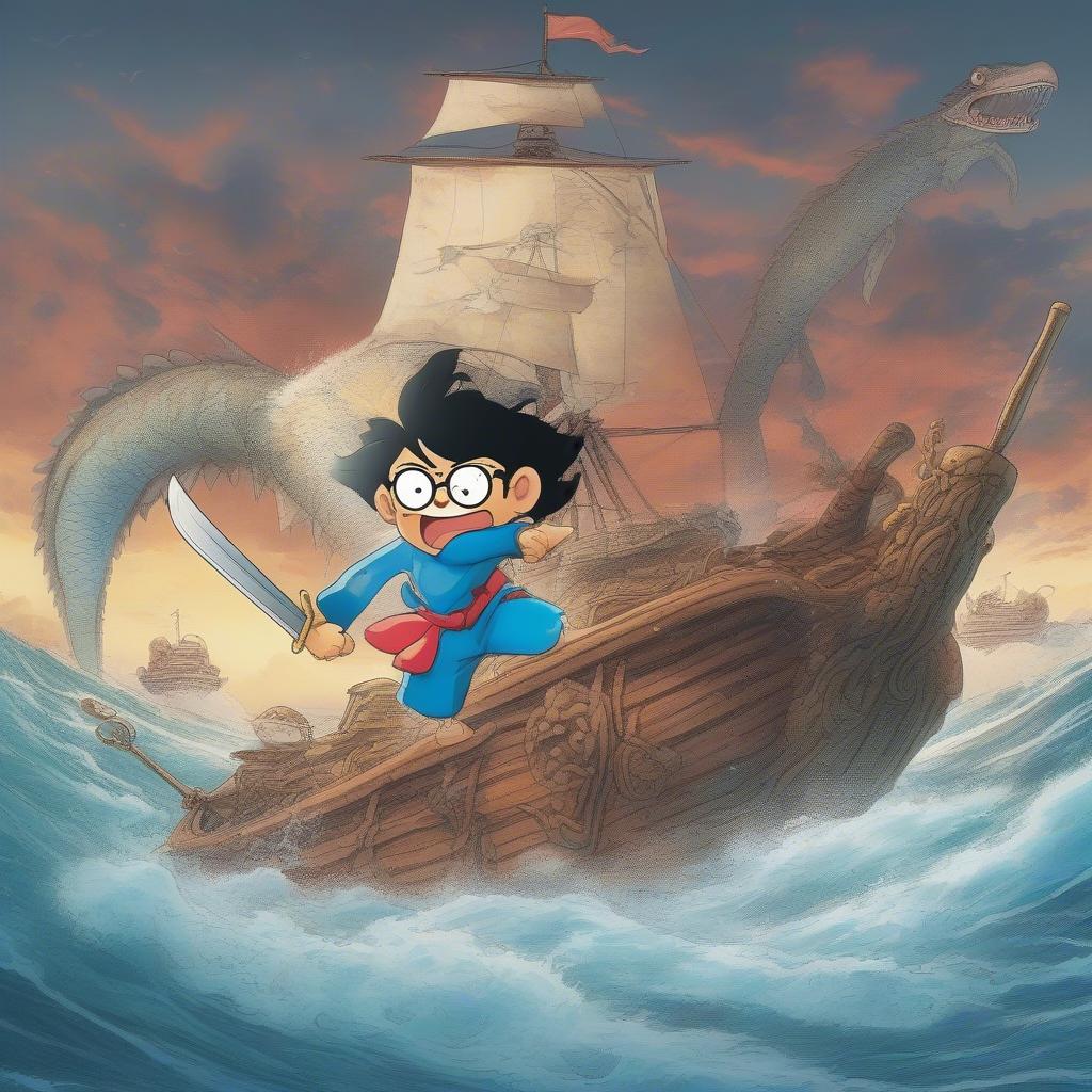 Nobita trong vai hải tặc chiến đấu với quái vật biển sâu