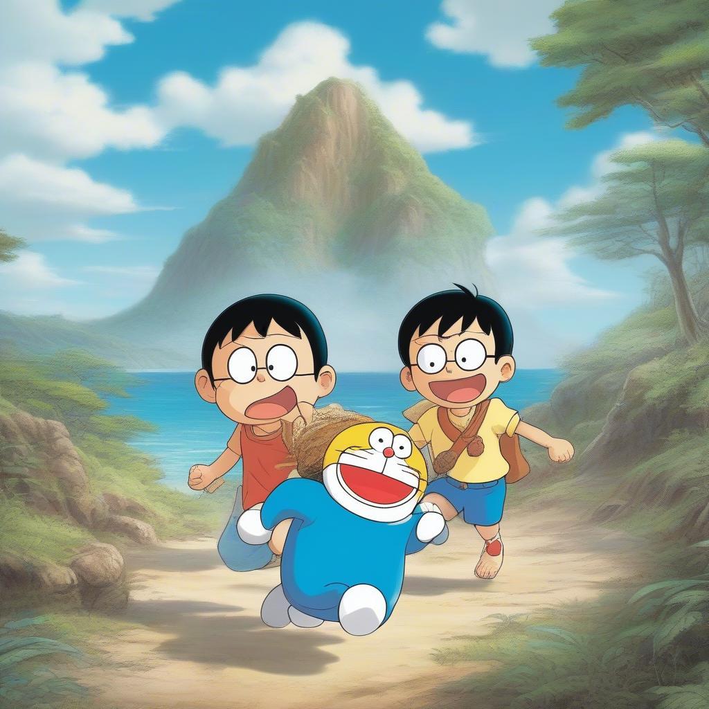 Nobita cùng Doraemon tìm kiếm kho báu trên đảo hoang