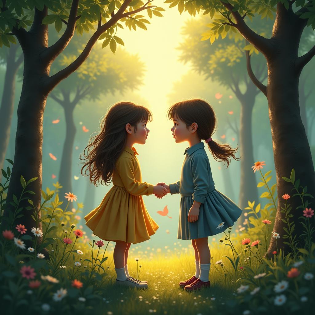 Tầm quan trọng của song ca nhí trong giấc mơ: Hai đứa trẻ đang hát song ca trong một khu rừng mơ mộng, thể hiện sự hài hòa và kết nối giữa hai tâm hồn.