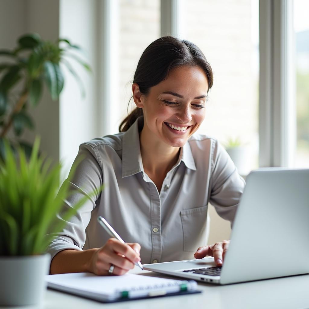 Người phụ nữ mỉm cười tự tin về tài chính