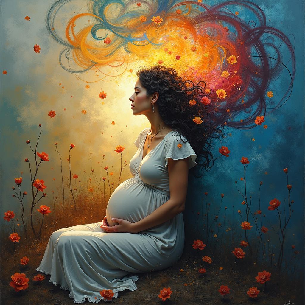 A woman deep in thought, reflecting on a dream about being pregnant with a son. The image is stylized to represent the subconscious mind, with swirling colors and abstract shapes. 