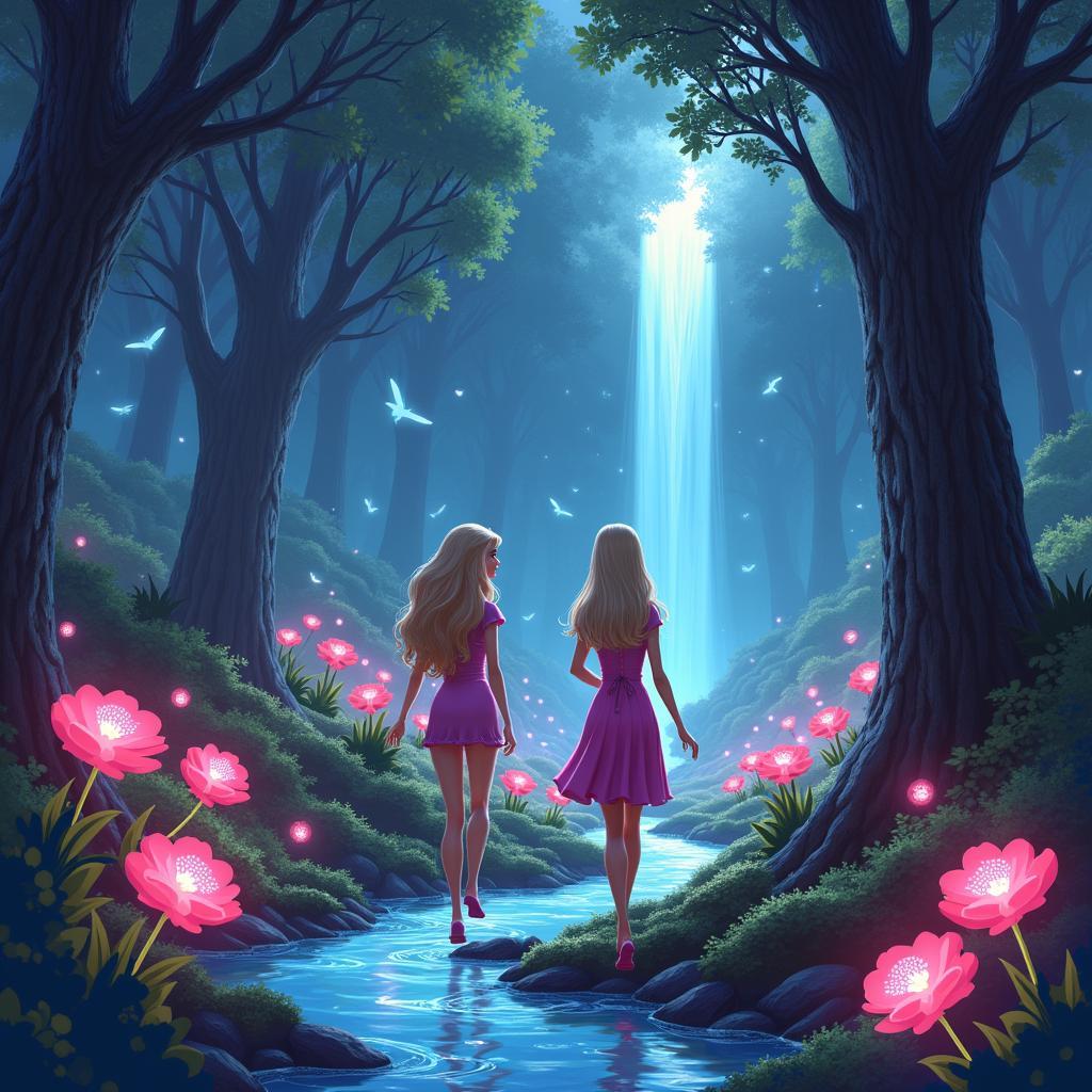 Barbie and her friends exploring a magical forest in Dreamhouse episode 52. Various symbolic elements like glowing flowers, ancient trees, and sparkling streams are present throughout the scene, creating a sense of wonder and mystery.