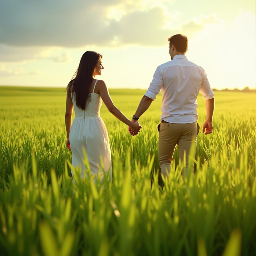 Hình ảnh đôi tình nhân nắm tay nhau đi trên bãi cỏ xanh
