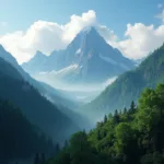 Một dãy núi hùng vĩ, rừng cây xanh ngát, mây trắng bay lượn, tạo nên một cảnh đẹp mơ ước đầy mê hoặc.