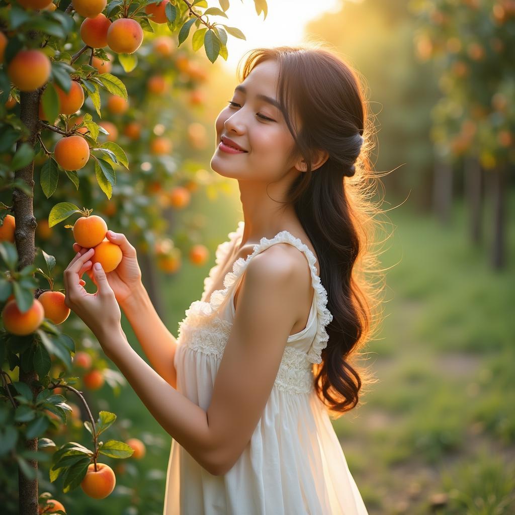 Cô hái mơ trong sáng, tươi trẻ