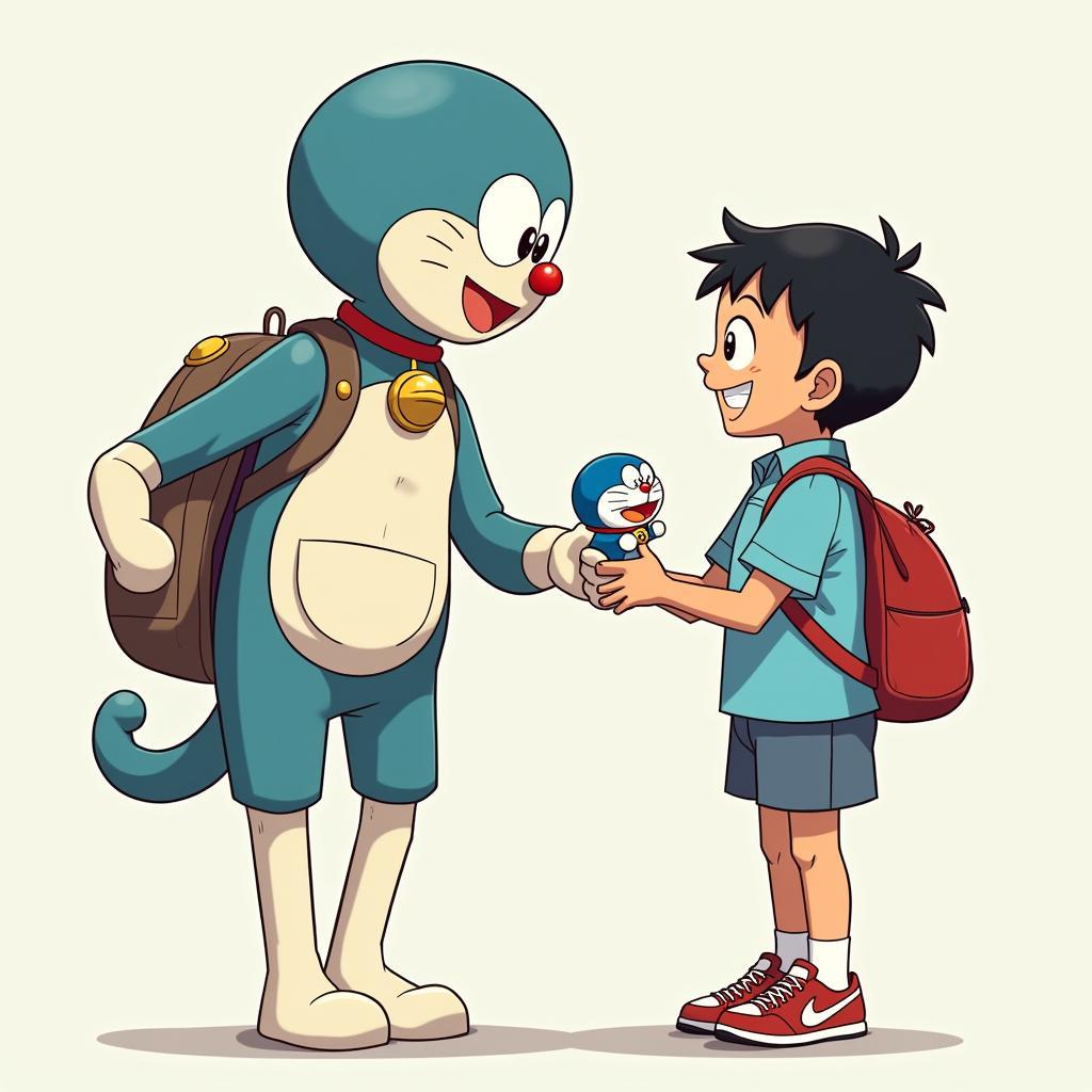 Doraemon đang đưa cho Nobita bảo bối giấc mơ, với vẻ mặt tươi cười và thân thiện