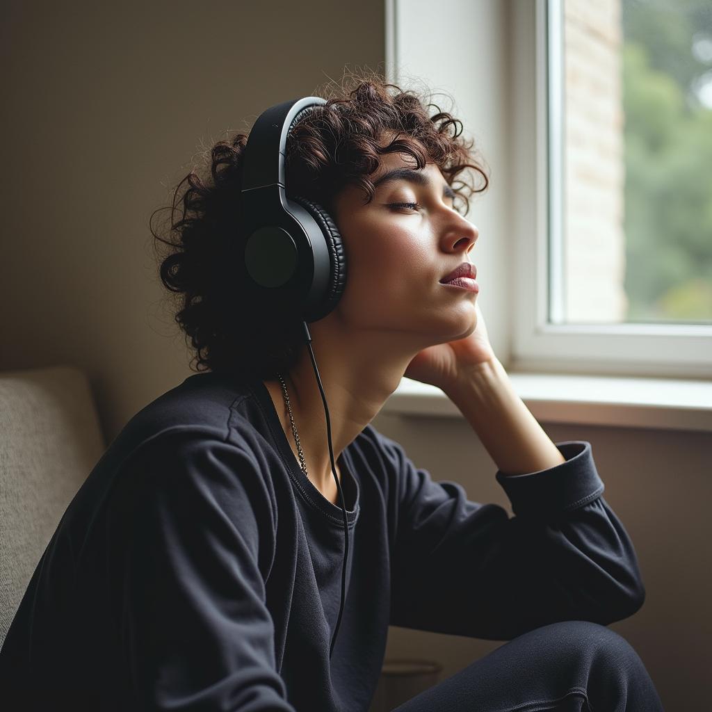 Một người đang ngồi yên tĩnh, nhắm mắt và lắng nghe âm nhạc qua tai nghe, tìm kiếm cảm hứng.