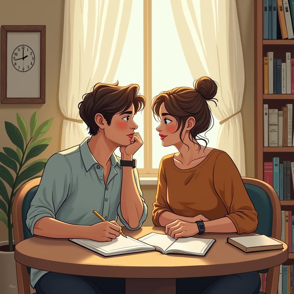A cheerful dream where you and your crush are studying together, helping each other with assignments and sharing a laugh.