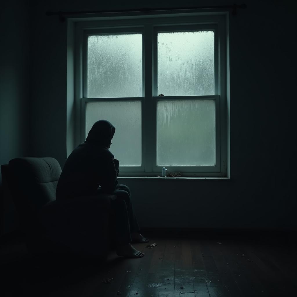 A person sitting alone in a dark room, looking wistfully out the window at the rain.