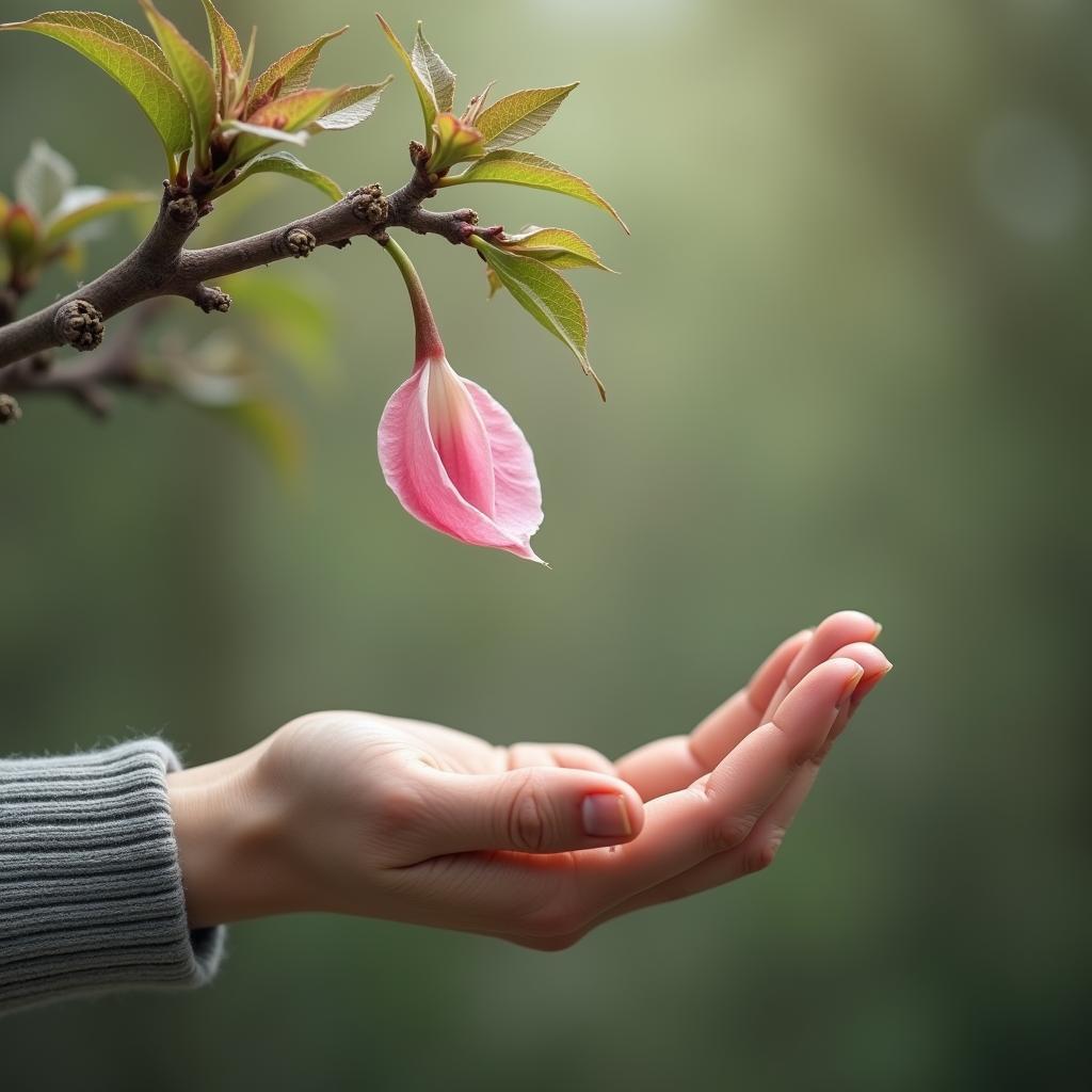 Nỗi sợ chia ly: Hình ảnh bàn tay đang cố gắng níu giữ một cánh hoa sắp lìa cành, biểu tượng cho sự mong manh và nỗi sợ mất mát.