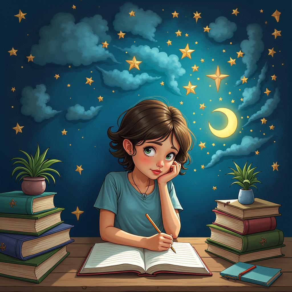 Phân tích giấc mơ: Hình ảnh minh họa một người đang ghi chép lại giấc mơ của mình vào sổ và suy ngẫm về ý nghĩa của chúng.